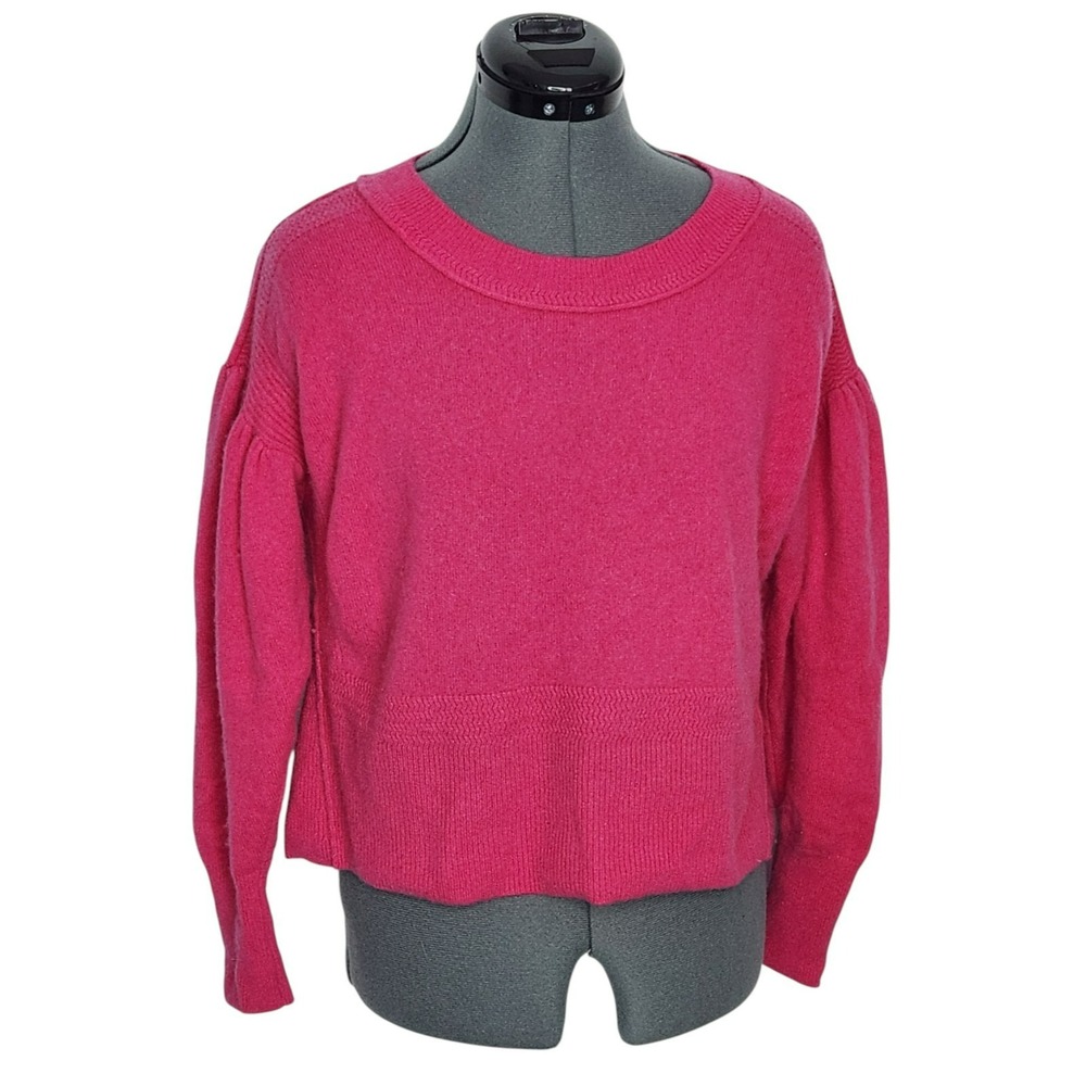 Maeve Anthropologie Hot Pink Puff Sleeve Crew Neck Knit Sweater Small